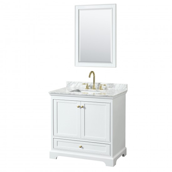 36 Inch Single Bathroom Vanity in White, White Carrara Marble Countertop, Sink, Gold Trim, 24 Inch Mirror