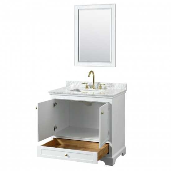 36 Inch Single Bathroom Vanity in White, White Carrara Marble Countertop, Sink, Gold Trim, 24 Inch Mirror