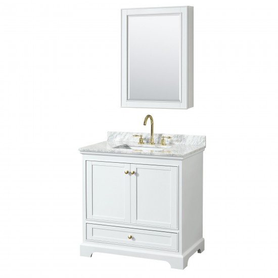 36 Inch Single Bathroom Vanity in White, White Carrara Marble Countertop, Sink, Gold Trim, Medicine Cabinet