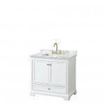 36 Inch Single Bathroom Vanity in White, White Carrara Marble Countertop, Sink, Gold Trim, No Mirror