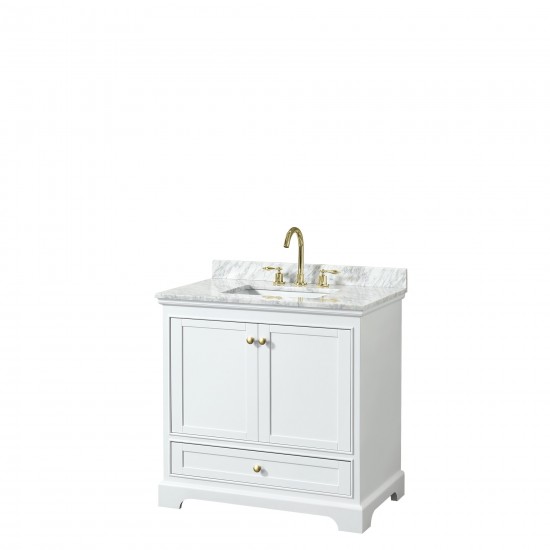 36 Inch Single Bathroom Vanity in White, White Carrara Marble Countertop, Sink, Gold Trim, No Mirror