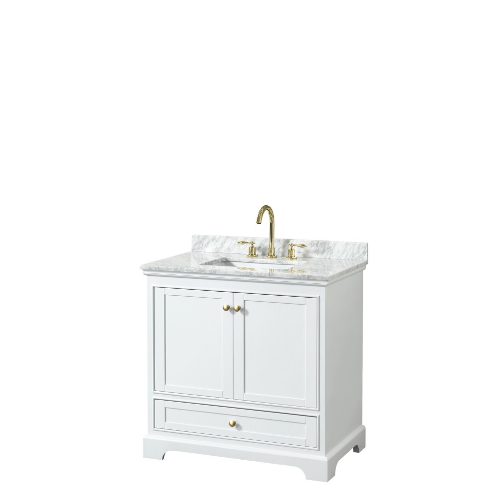 36 Inch Single Bathroom Vanity in White, White Carrara Marble Countertop, Sink, Gold Trim, No Mirror