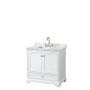 36 Inch Single Bathroom Vanity in White, White Carrara Marble Countertop, Sink, Gold Trim, No Mirror