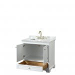 36 Inch Single Bathroom Vanity in White, White Carrara Marble Countertop, Sink, Gold Trim, No Mirror