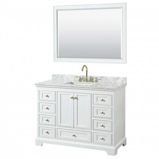 48 Inch Single Bathroom Vanity in White, White Carrara Marble Countertop, Sink, Gold Trim, 46 Inch Mirror