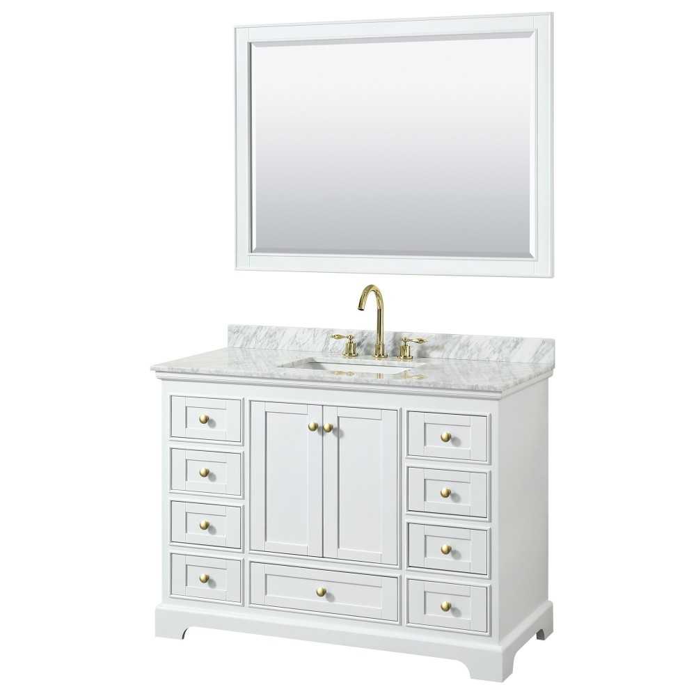 48 Inch Single Bathroom Vanity in White, White Carrara Marble Countertop, Sink, Gold Trim, 46 Inch Mirror