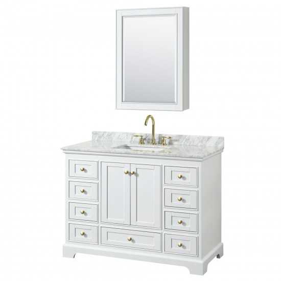 48 Inch Single Bathroom Vanity in White, White Carrara Marble Countertop, Sink, Gold Trim, Medicine Cabinet