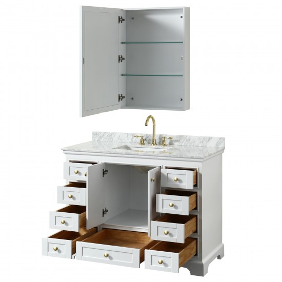 48 Inch Single Bathroom Vanity in White, White Carrara Marble Countertop, Sink, Gold Trim, Medicine Cabinet