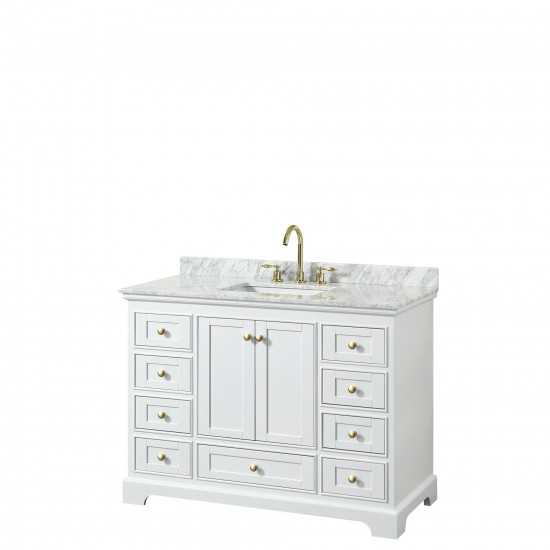 48 Inch Single Bathroom Vanity in White, White Carrara Marble Countertop, Sink, Gold Trim, No Mirror