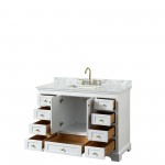 48 Inch Single Bathroom Vanity in White, White Carrara Marble Countertop, Sink, Gold Trim, No Mirror