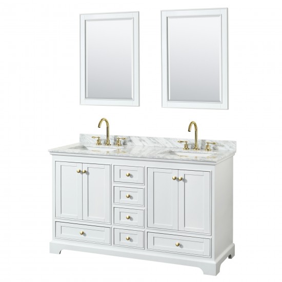 60 Inch Double Bathroom Vanity in White, White Carrara Marble Countertop, Sinks, Gold Trim, 24 Inch Mirrors