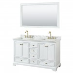 60 Inch Double Bathroom Vanity in White, White Carrara Marble Countertop, Sinks, Gold Trim, 58 Inch Mirror