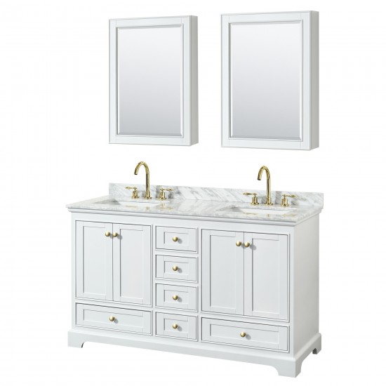 60 Inch Double Bathroom Vanity in White, White Carrara Marble Countertop, Sinks, Gold Trim, Medicine Cabinets