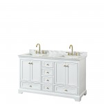 60 Inch Double Bathroom Vanity in White, White Carrara Marble Countertop, Sinks, Gold Trim, No Mirror