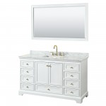 60 Inch Single Bathroom Vanity in White, White Carrara Marble Countertop, Sink, Gold Trim, 58 Inch Mirror