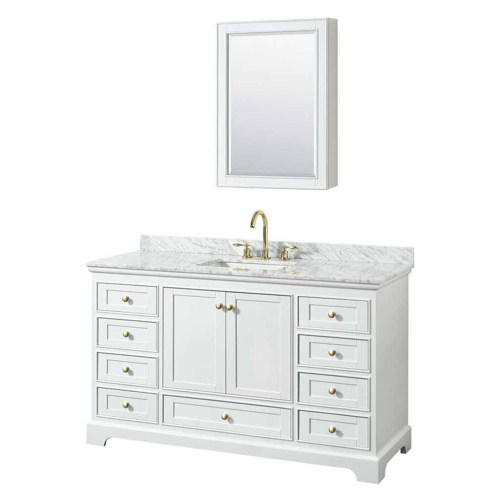 60 Inch Single Bathroom Vanity in White, White Carrara Marble Countertop, Sink, Gold Trim, Medicine Cabinet