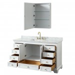 60 Inch Single Bathroom Vanity in White, White Carrara Marble Countertop, Sink, Gold Trim, Medicine Cabinet