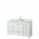 60 Inch Single Bathroom Vanity in White, White Carrara Marble Countertop, Sink, Gold Trim, No Mirror