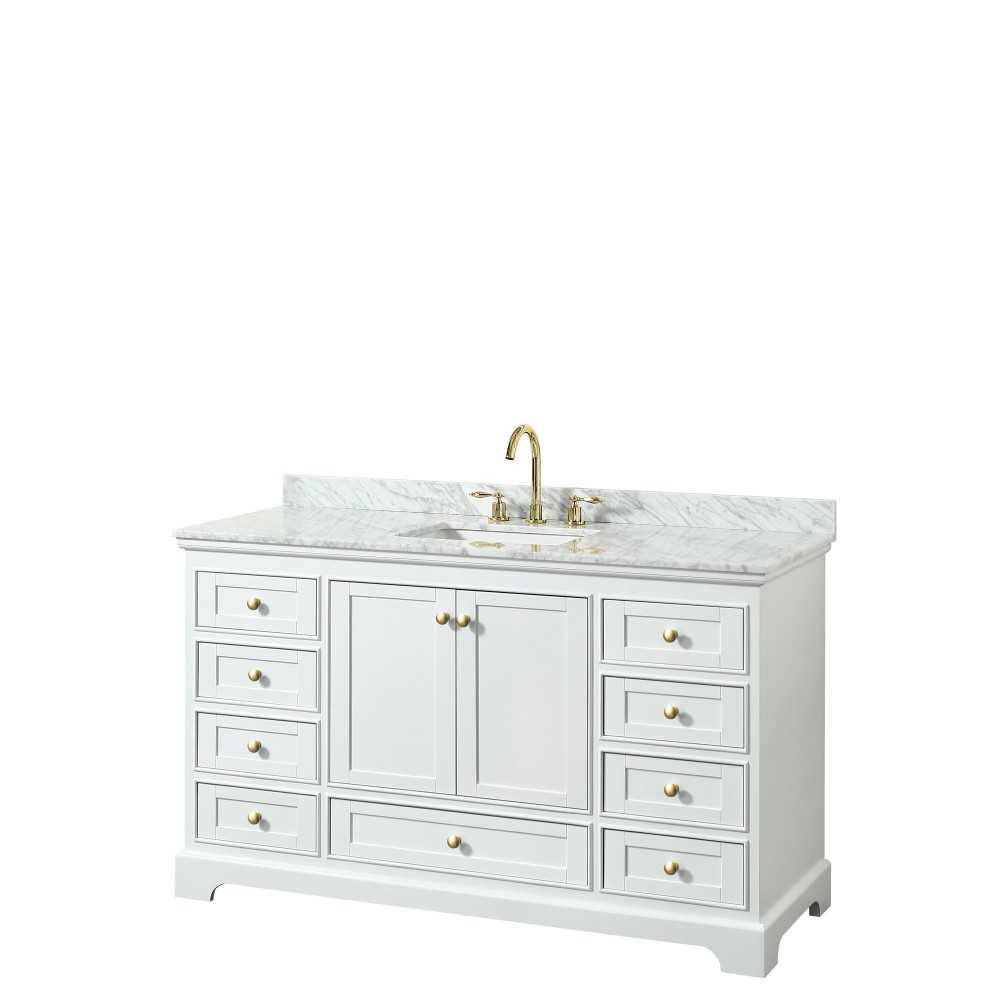 60 Inch Single Bathroom Vanity in White, White Carrara Marble Countertop, Sink, Gold Trim, No Mirror