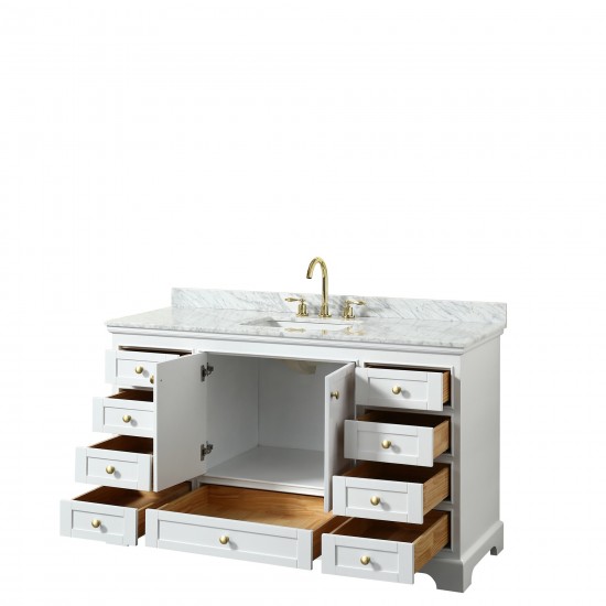 60 Inch Single Bathroom Vanity in White, White Carrara Marble Countertop, Sink, Gold Trim, No Mirror