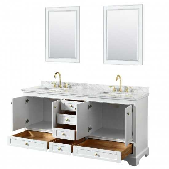 72 Inch Double Bathroom Vanity in White, White Carrara Marble Countertop, Sinks, Gold Trim, 24 Inch Mirrors