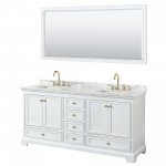 72 Inch Double Bathroom Vanity in White, White Carrara Marble Countertop, Sinks, Gold Trim, 70 Inch Mirror