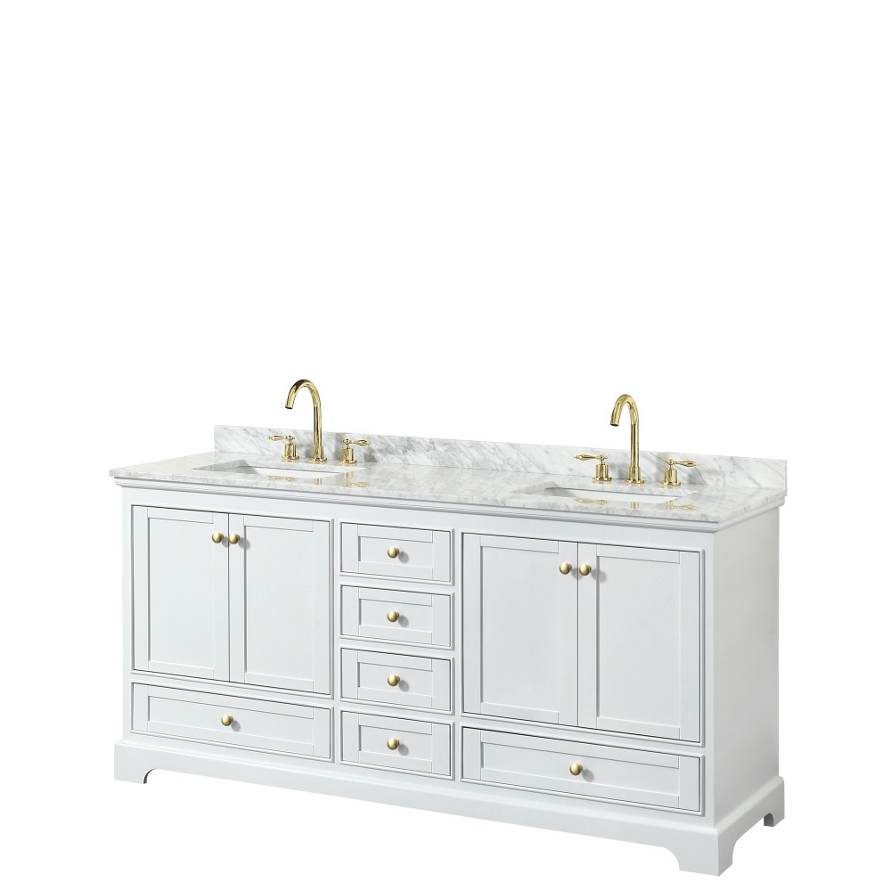 72 Inch Double Bathroom Vanity in White, White Carrara Marble Countertop, Sinks, Gold Trim, No Mirrors