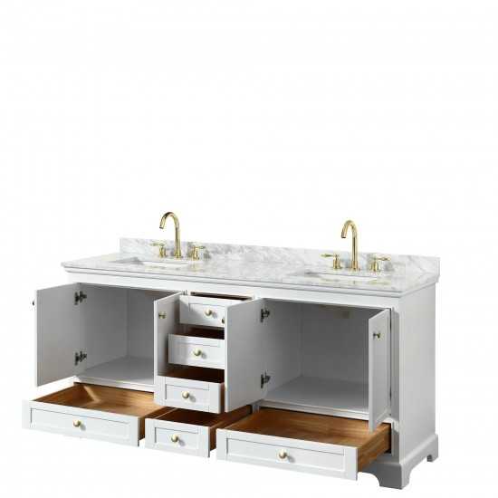 72 Inch Double Bathroom Vanity in White, White Carrara Marble Countertop, Sinks, Gold Trim, No Mirrors