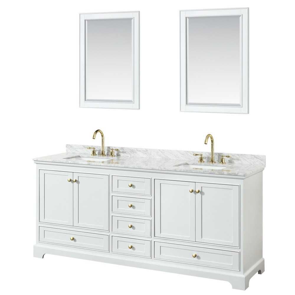 80 Inch Double Bathroom Vanity in White, White Carrara Marble Countertop, Sinks, Gold Trim, 24 Inch Mirrors