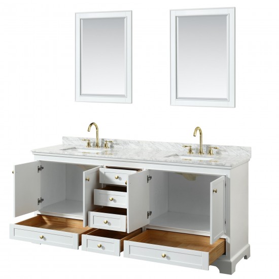 80 Inch Double Bathroom Vanity in White, White Carrara Marble Countertop, Sinks, Gold Trim, 24 Inch Mirrors