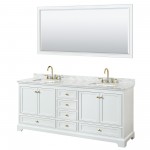 80 Inch Double Bathroom Vanity in White, White Carrara Marble Countertop, Sinks, Gold Trim, 70 Inch Mirror