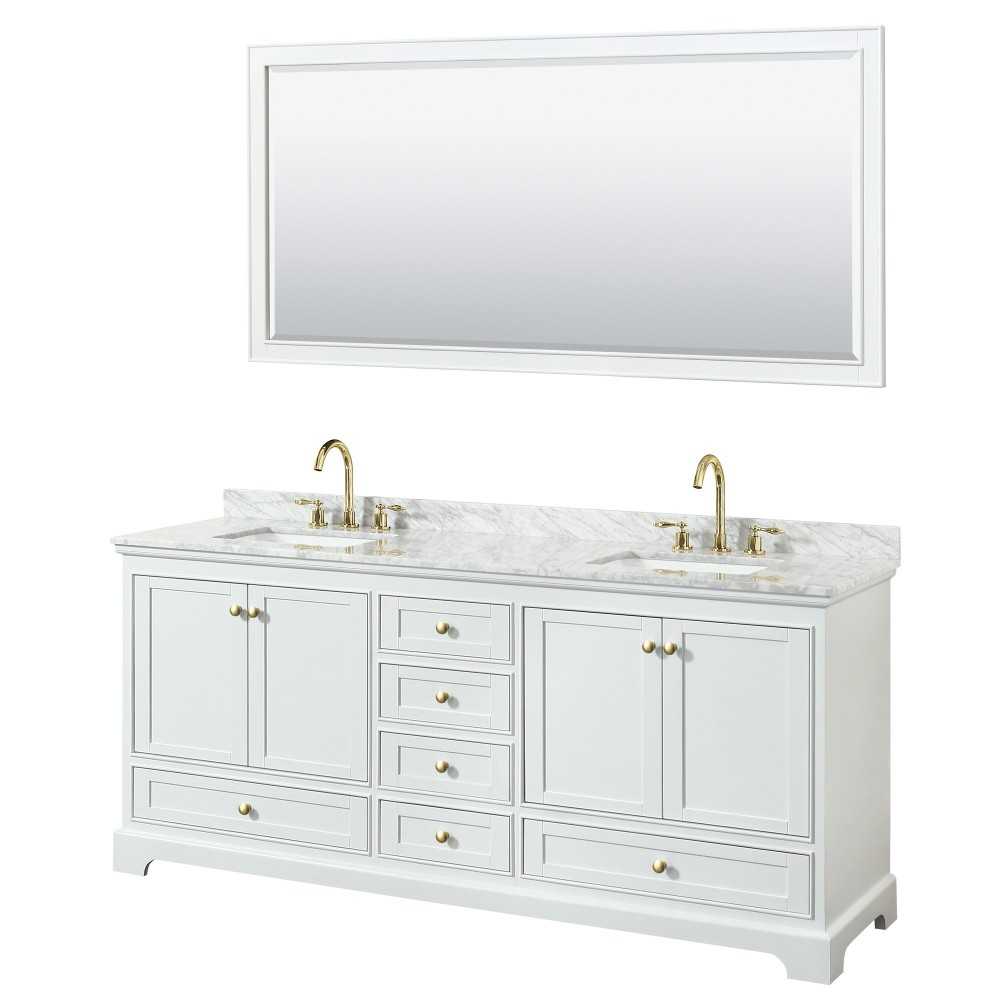 80 Inch Double Bathroom Vanity in White, White Carrara Marble Countertop, Sinks, Gold Trim, 70 Inch Mirror