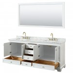 80 Inch Double Bathroom Vanity in White, White Carrara Marble Countertop, Sinks, Gold Trim, 70 Inch Mirror