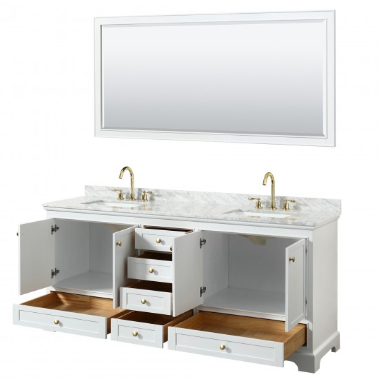 80 Inch Double Bathroom Vanity in White, White Carrara Marble Countertop, Sinks, Gold Trim, 70 Inch Mirror