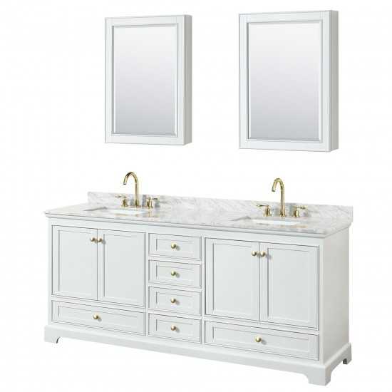 80 Inch Double Bathroom Vanity in White, White Carrara Marble Countertop, Sinks, Gold Trim, Medicine Cabinets