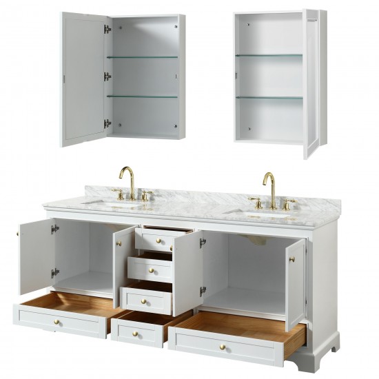 80 Inch Double Bathroom Vanity in White, White Carrara Marble Countertop, Sinks, Gold Trim, Medicine Cabinets