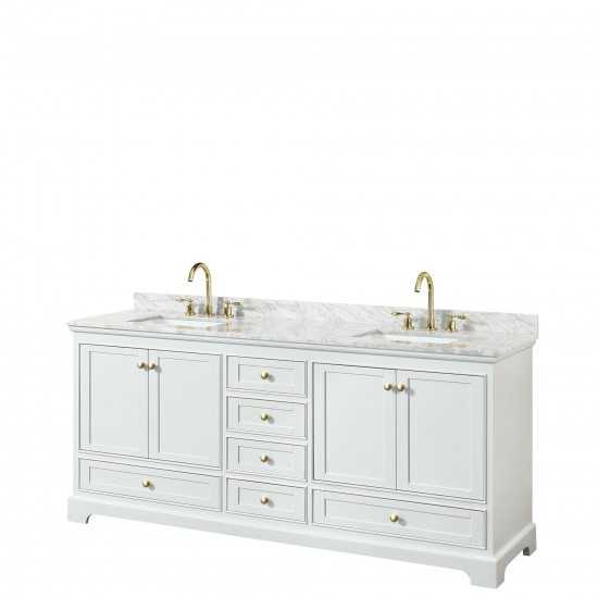 80 Inch Double Bathroom Vanity in White, White Carrara Marble Countertop, Sinks, Gold Trim, No Mirrors