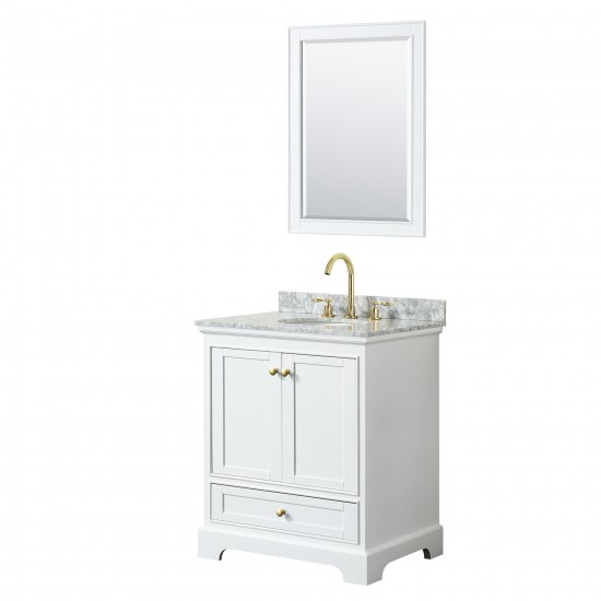 30 Inch Single Bathroom Vanity in White, White Carrara Marble Countertop, Oval Sink, Gold Trim, 24 Inch Mirror