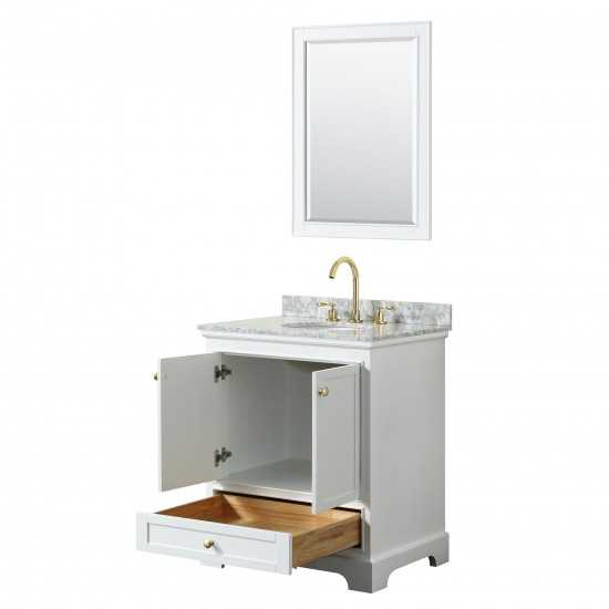 30 Inch Single Bathroom Vanity in White, White Carrara Marble Countertop, Oval Sink, Gold Trim, 24 Inch Mirror