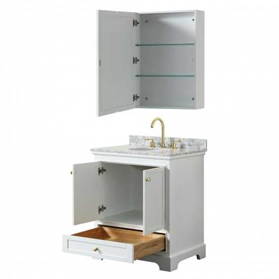 30 Inch Single Bathroom Vanity in White, White Carrara Marble Countertop, Oval Sink, Gold Trim, Medicine Cabinet