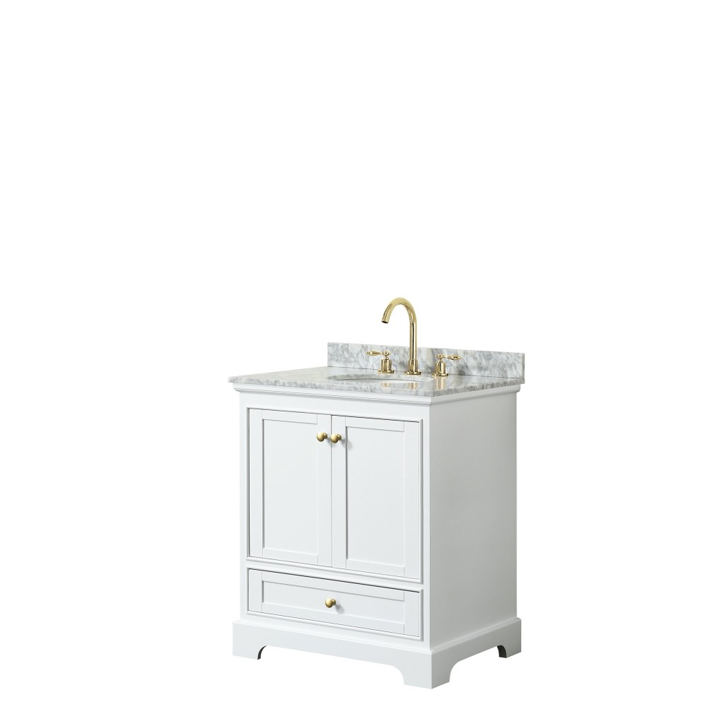 30 Inch Single Bathroom Vanity in White, White Carrara Marble Countertop, Oval Sink, Gold Trim, No Mirror