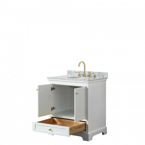 30 Inch Single Bathroom Vanity in White, White Carrara Marble Countertop, Oval Sink, Gold Trim, No Mirror