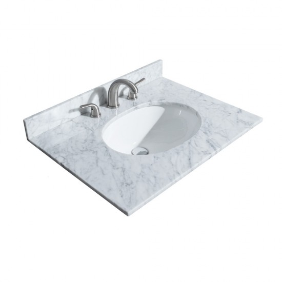 30 Inch Single Bathroom Vanity in White, White Carrara Marble Countertop, Oval Sink, Gold Trim, No Mirror