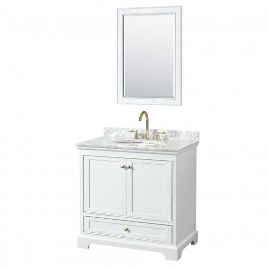 36 Inch Single Bathroom Vanity in White, White Carrara Marble Countertop, Oval Sink, Gold Trim, 24 Inch Mirror