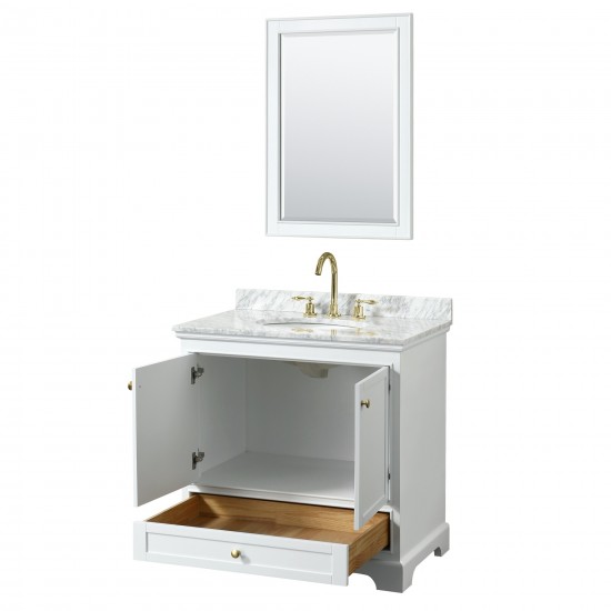 36 Inch Single Bathroom Vanity in White, White Carrara Marble Countertop, Oval Sink, Gold Trim, 24 Inch Mirror