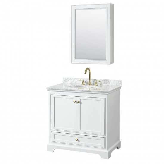 36 Inch Single Bathroom Vanity in White, White Carrara Marble Countertop, Oval Sink, Gold Trim, Medicine Cabinet