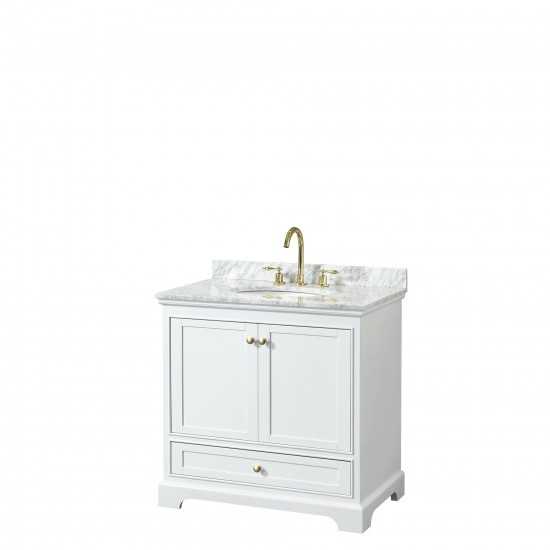 36 Inch Single Bathroom Vanity in White, White Carrara Marble Countertop, Oval Sink, Gold Trim, No Mirror