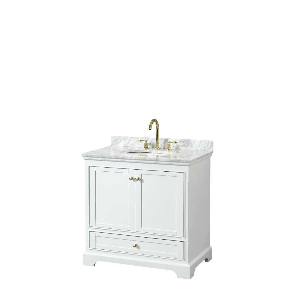 36 Inch Single Bathroom Vanity in White, White Carrara Marble Countertop, Oval Sink, Gold Trim, No Mirror