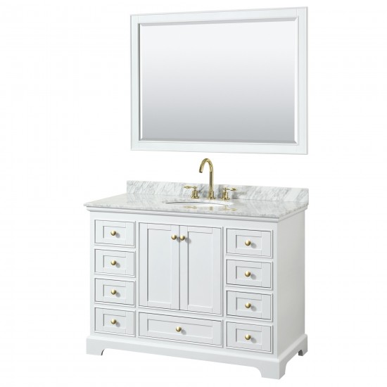 48 Inch Single Bathroom Vanity in White, White Carrara Marble Countertop, Oval Sink, Gold Trim, 46 Inch Mirror