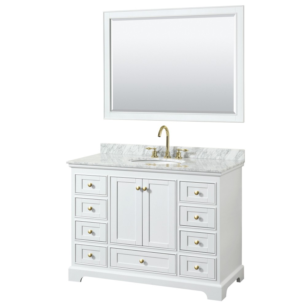 48 Inch Single Bathroom Vanity in White, White Carrara Marble Countertop, Oval Sink, Gold Trim, 46 Inch Mirror